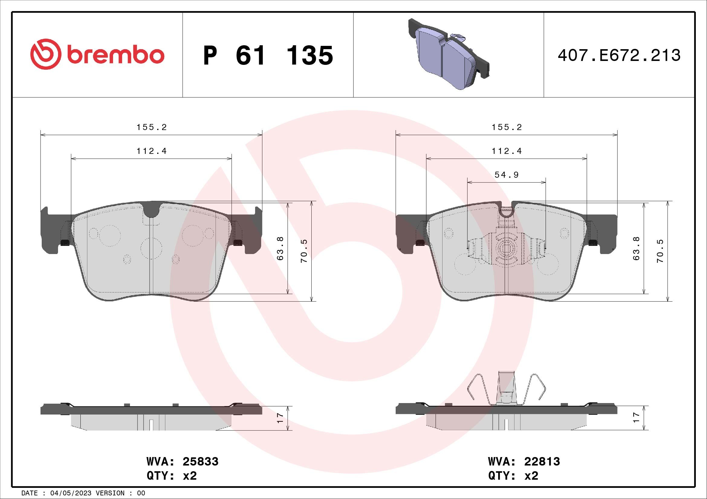 Opel Fren Balatası Ön (Peugeot 308 II 1.2 VTI 1.6-2.0 HDI Peugeot 3008 Suv 1.5 130 Peugeot Rifter 1.6 - BREMBO P61135
