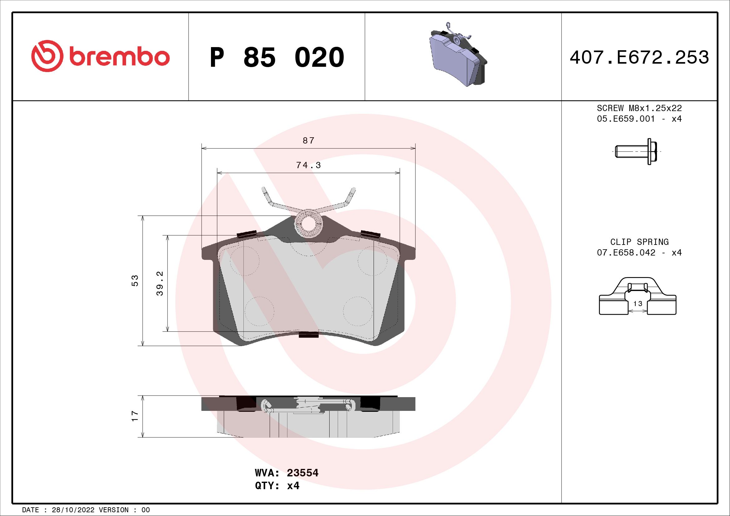 Volkswagen Fren Balatası Arka Kablosuz 17mm (Renault Megane II Peugeot 307 Citroen C3 / C4 -) Xtra - BREMBO P85020X
