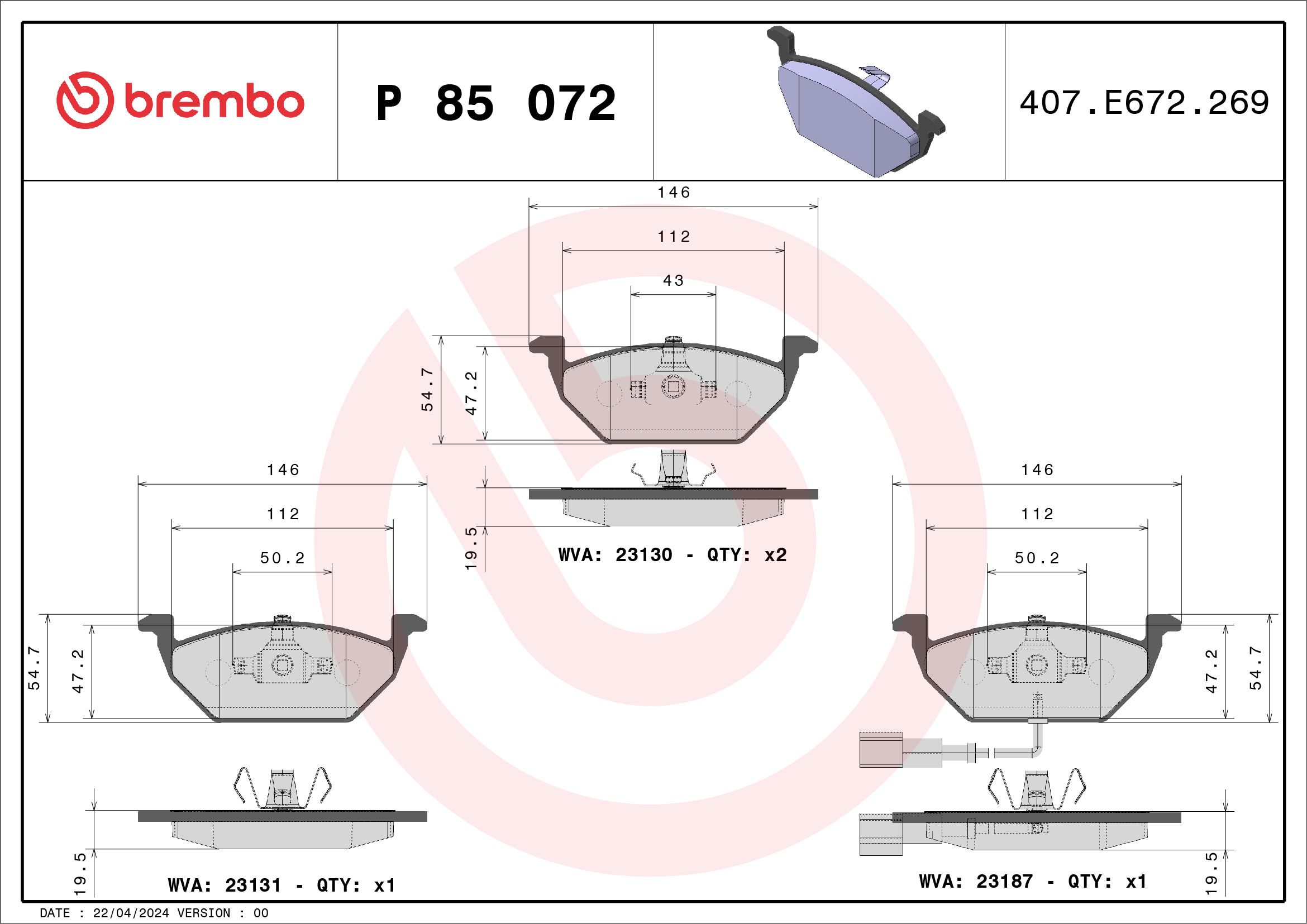 Volkswagen Fren Balatası-Kablolu (VW Golf 98-06 Polo 02-05 Audi A3 97-03 Seat Leon 00-06 Skoda Octavia 97-11) - BREMBO P85072X