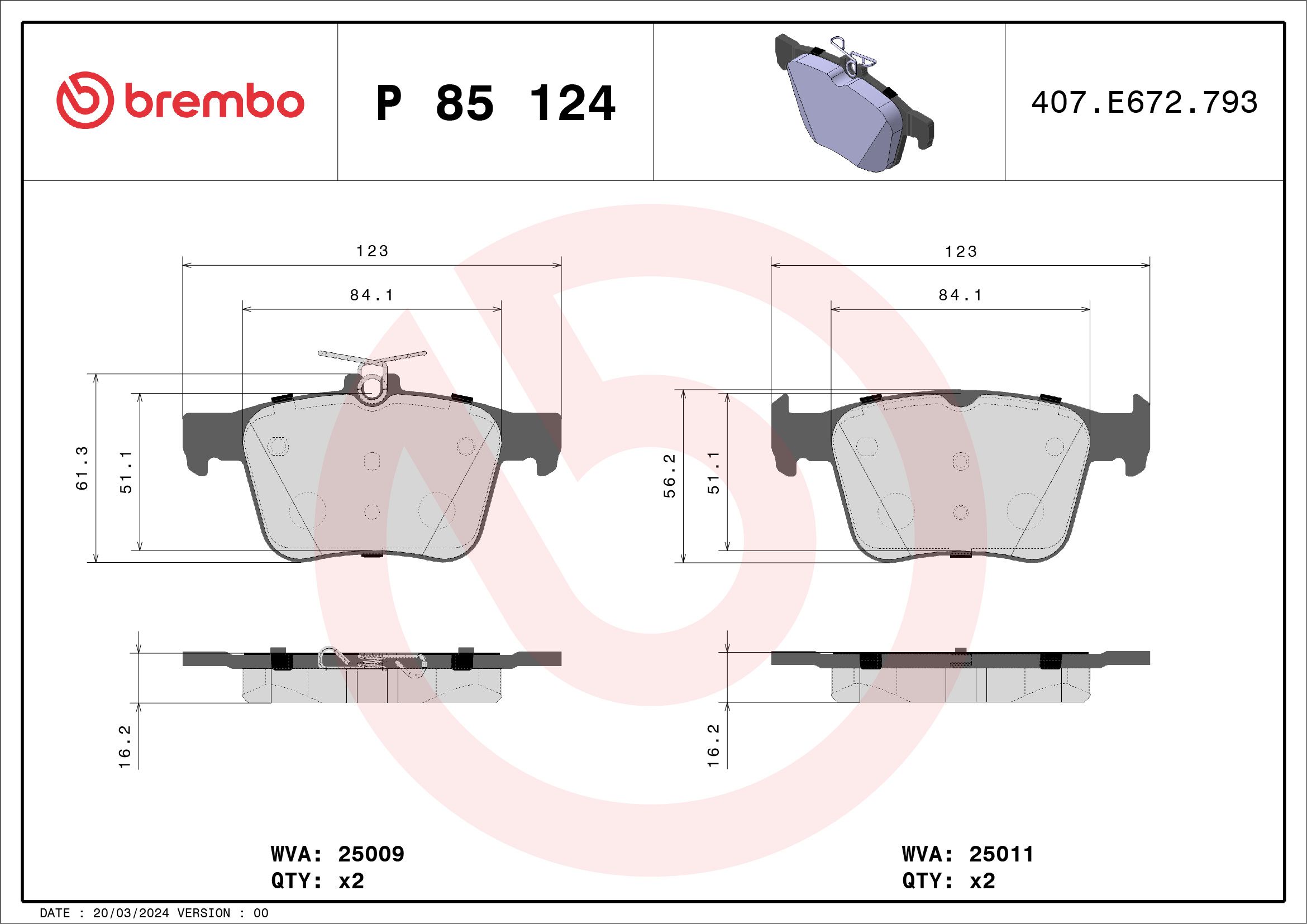 Volkswagen Fren Balatası Arka (VW Golf 13-Passat 14-Audi A3 12-Seat Leon 13-Skoda Superb 15 -) - BREMBO P85124