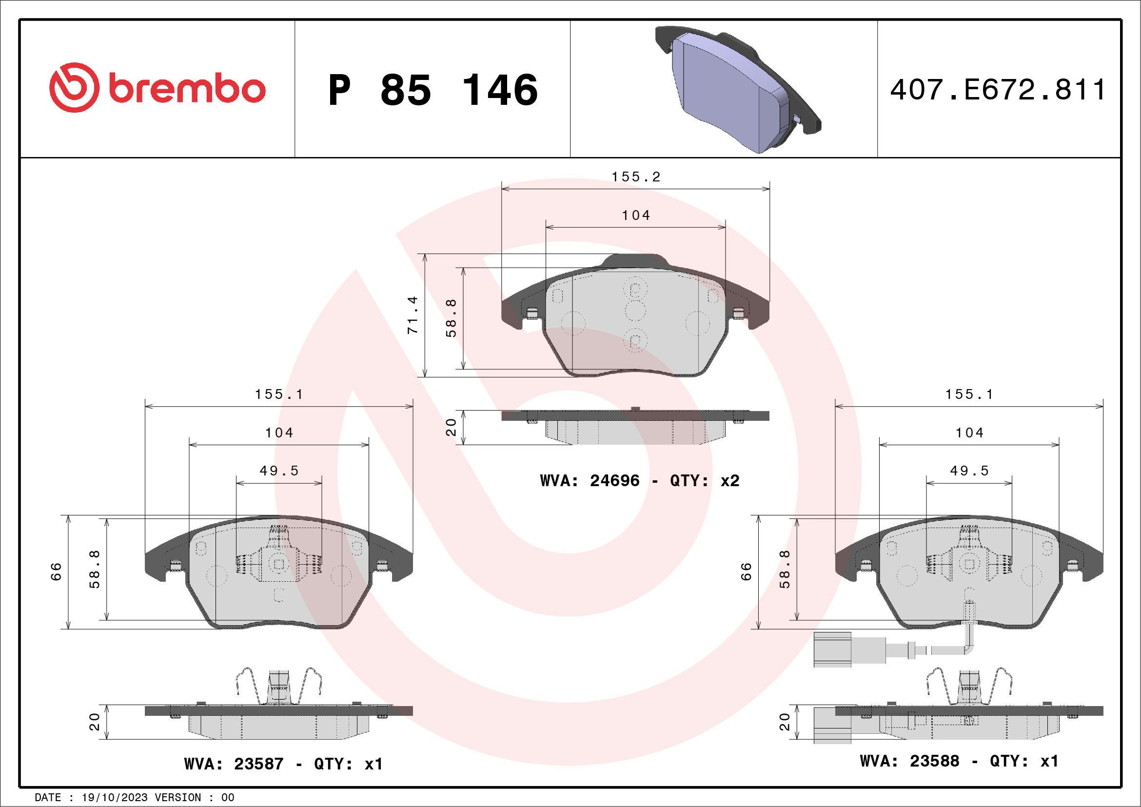 Volkswagen Ön Fren Balatası-Kablolu-(VW Caddy 04-15 Golf 04-14 Passat 06-11 Polo 10-Audi A3 04-13 - BREMBO P85146