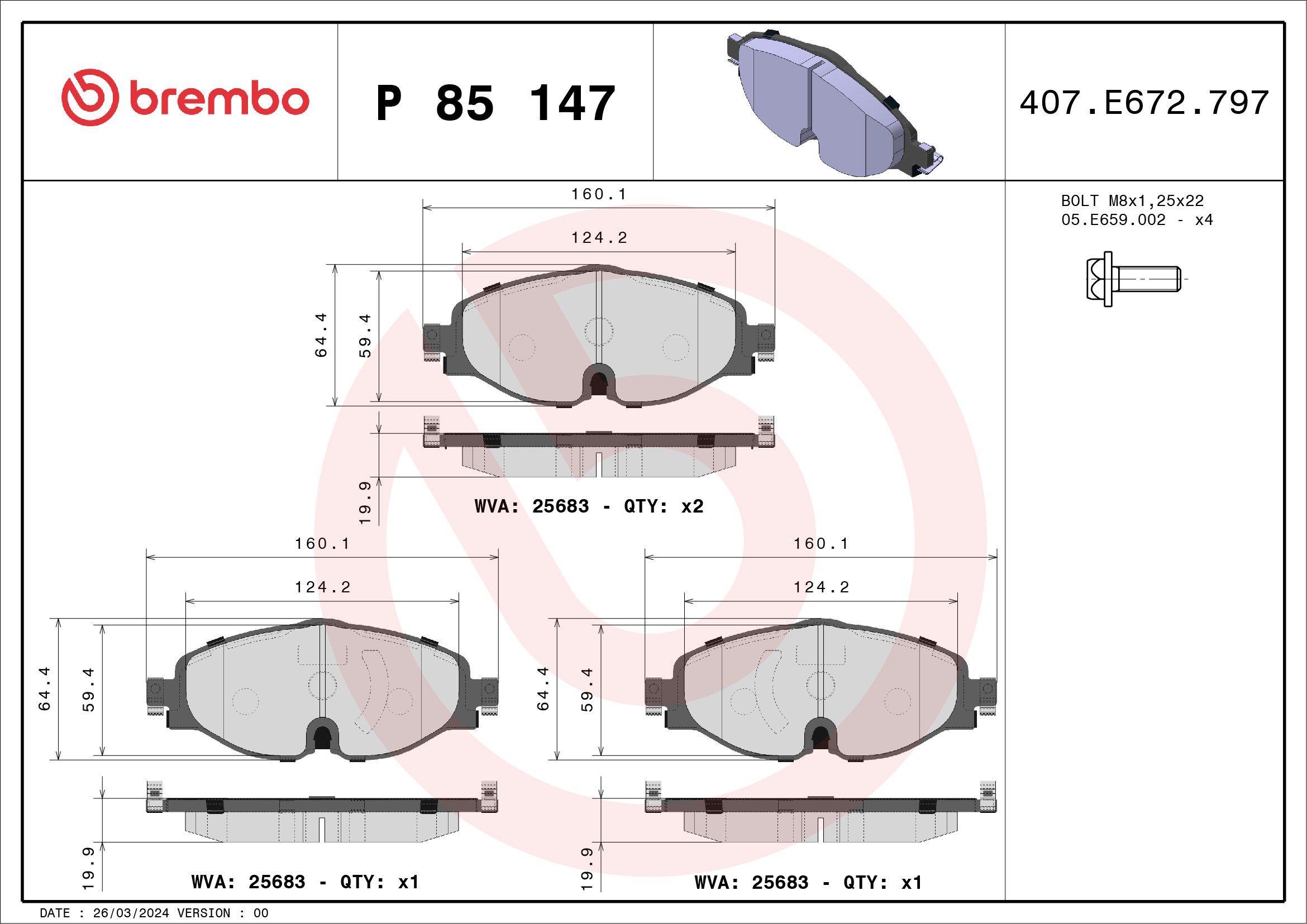 Volkswagen Ön Fren Balatası-Kablolu-(VW Caddy 16-Golf 13-Audi A3 13-Seat Leon 13-Skoda Octavia 13 -) - BREMBO P85147