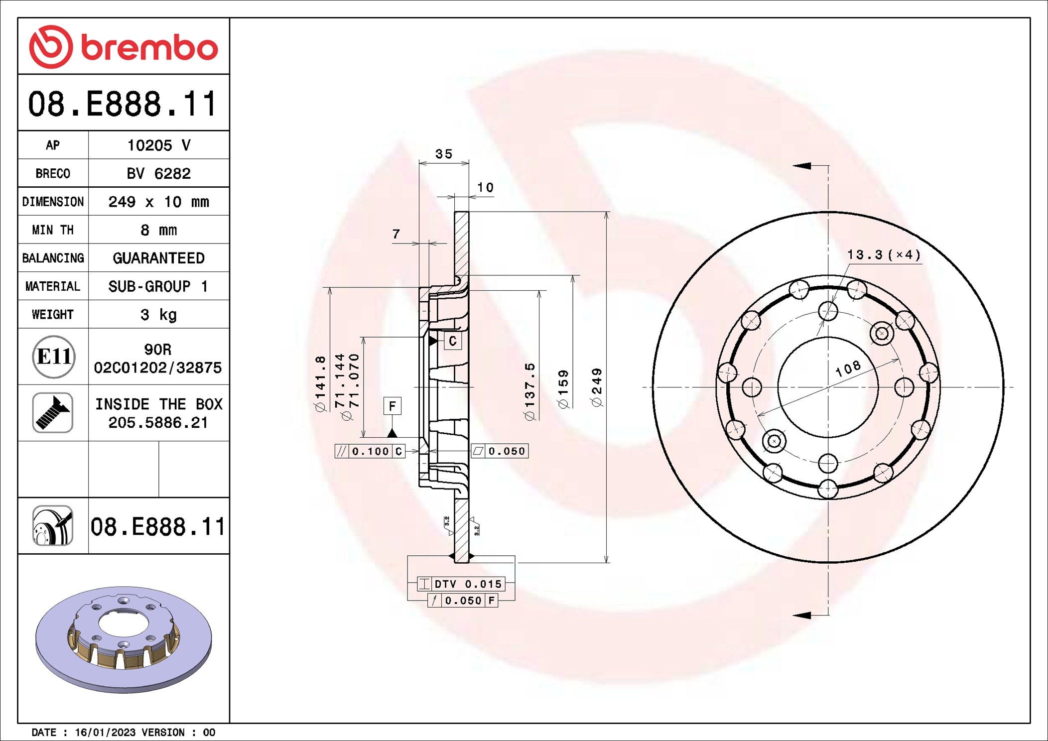 Opel Fren Diski Arka Peugeot 208 II P21e 2008 II P24e Citroen C4 III C41corsa F 19 249Cap 10Kalınlık - BREMBO 08.E888.11