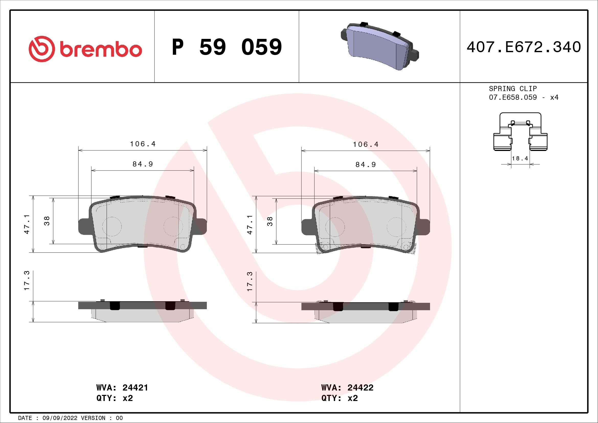 Opel Fren Balatası Arka (Opel Insignia 08) ‘’ 16-17 (İnc) Jant - BREMBO P59059