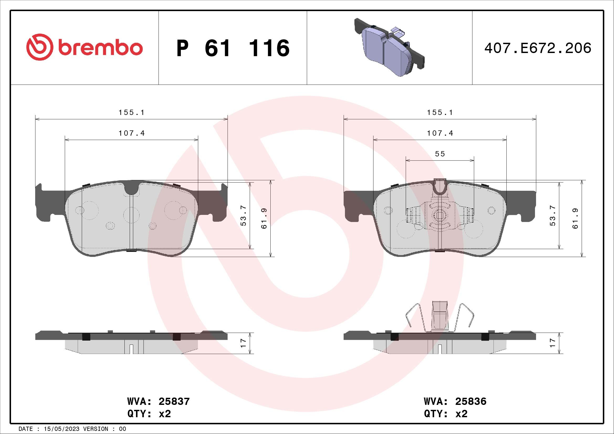Opel Fren Balatası Ön C4 Picasso II B7 1.4 VTI 1.6 HDI Blue HDI Combo Rifter 1.2 1.5 - BREMBO P61116