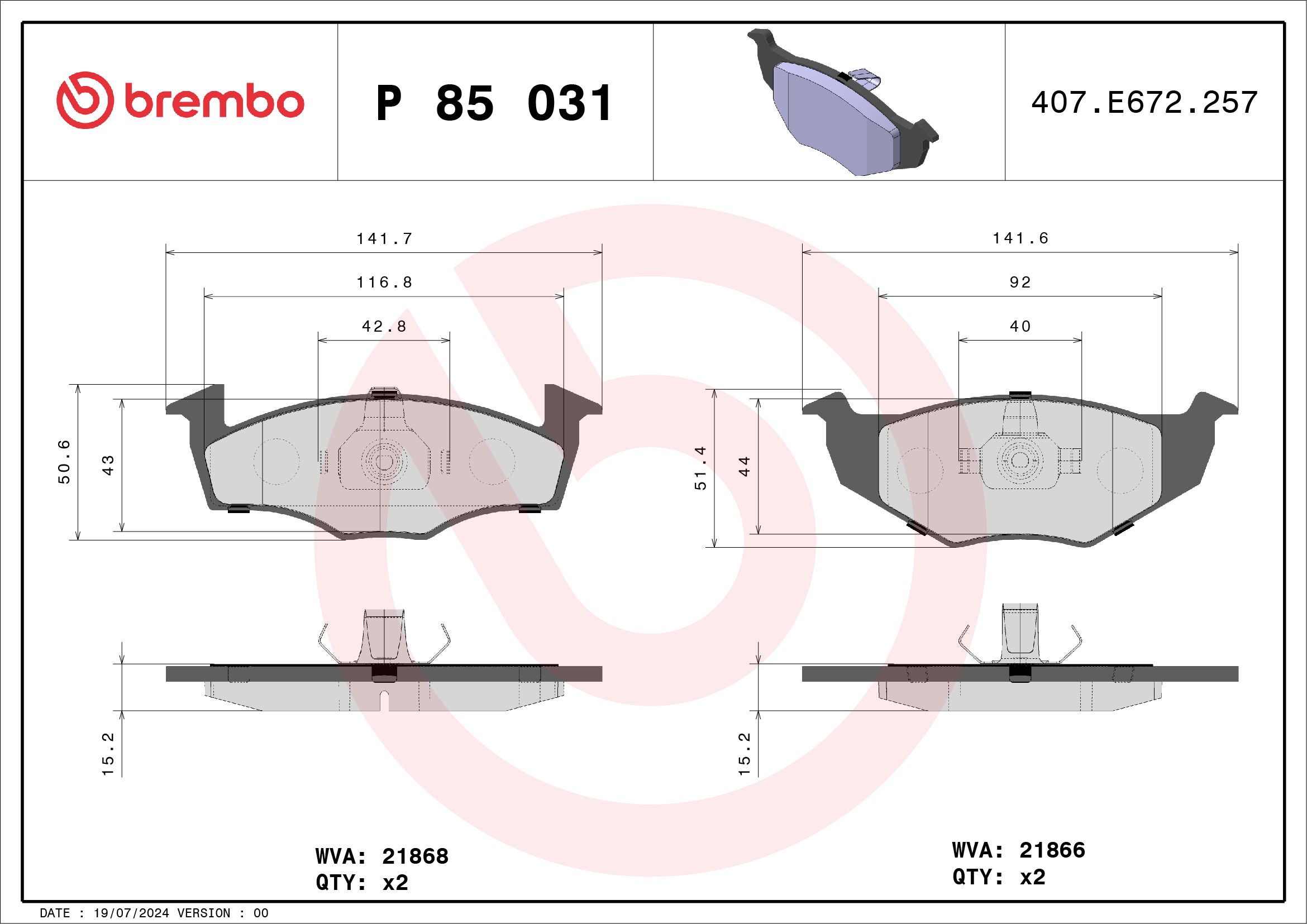 Volkswagen Ön Fren Balatası. (15,3 mm) Golf 92 > - BREMBO P85031
