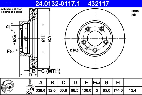 Volkswagen Fren Diski Ön Sol Touareg 7L 02 > Touareg 7P 10 > Cayenne 02 > Havalı 329.8mm - ATE 24.0132-0117.1